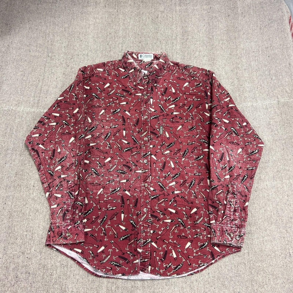 Vintage Columbia Button Up Shirt Mens XL Red 1990s Long Sleeve Fishing Lures